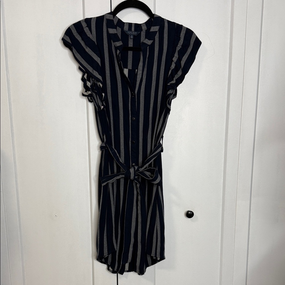 Lucky Brand - Small Striped Navy Dress - Ruffle Shoulder - button down
